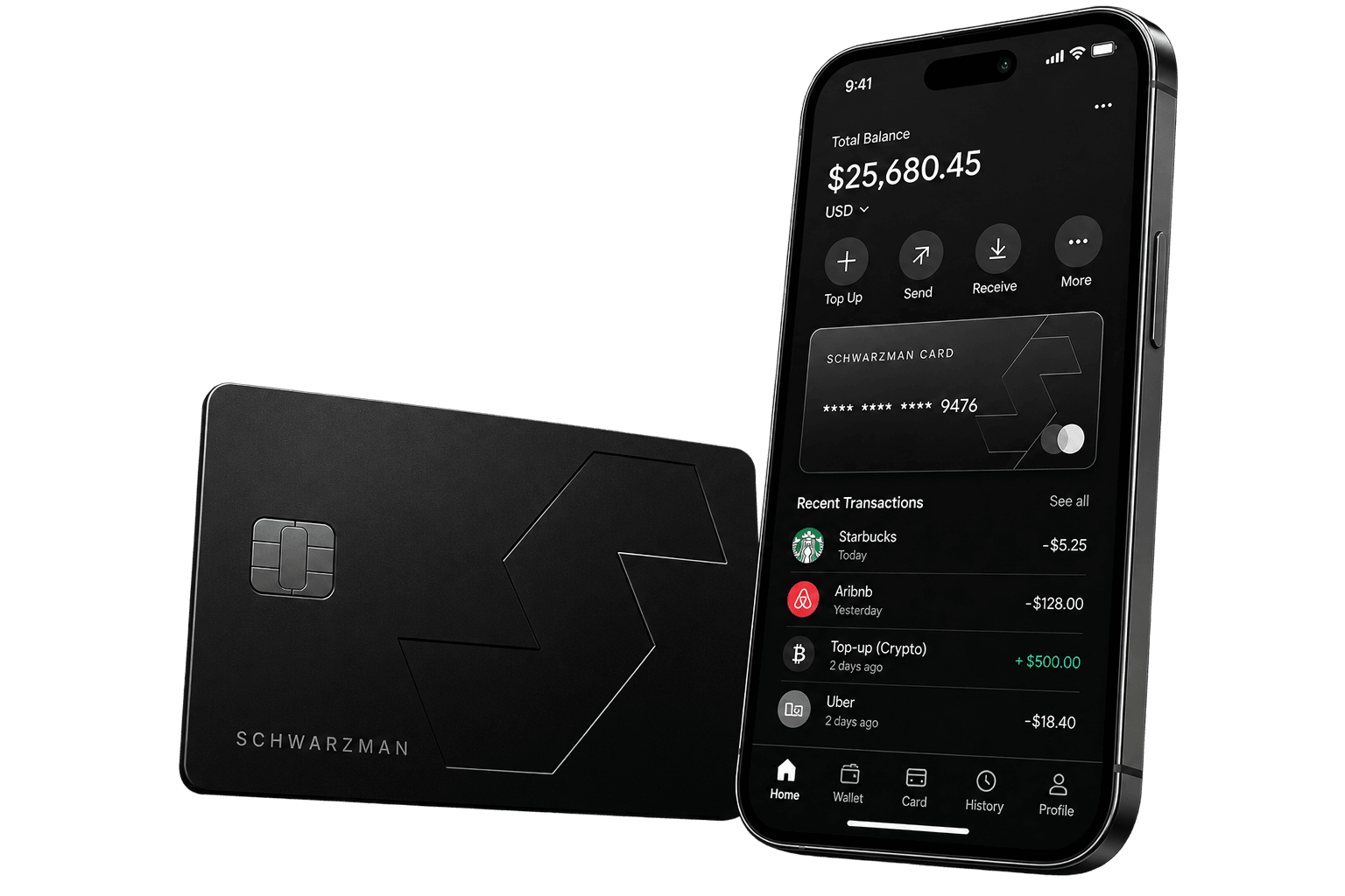 Illustrative rendering of the SCHWARZMAN payment card leaning against a phone running the SCHWARZMAN app