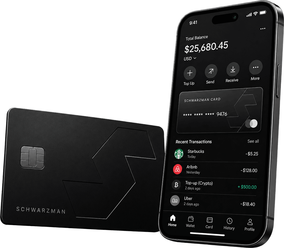 Illustrative rendering of the SCHWARZMAN payment card and the SCHWARZMAN app